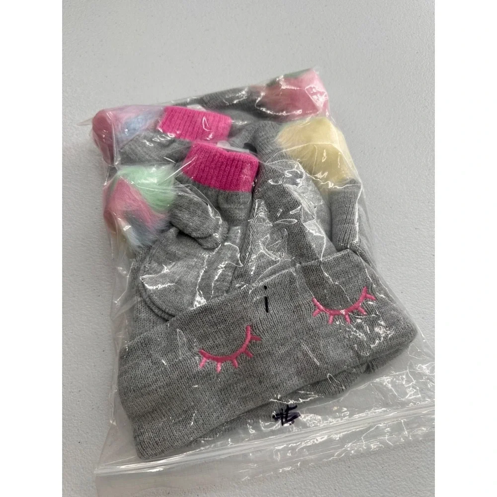 Cute Gray Knit Beanie & Mittens Set With Multicolor Pom Poms Girls Winter‎ Hat